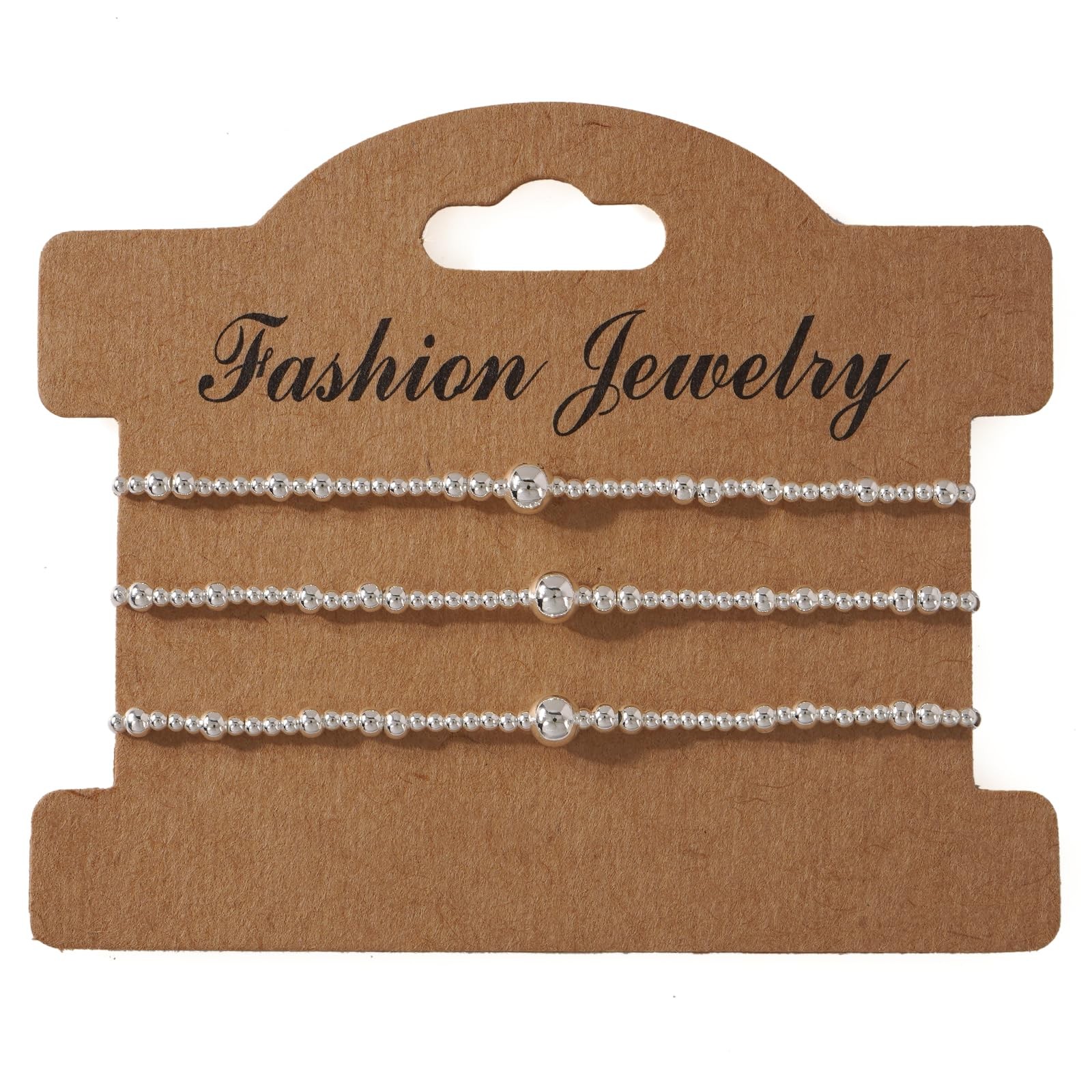 Silver Beaded Stretch Bracelet Set, 3PCS Stainless Steel Layered Ball Jewelry…