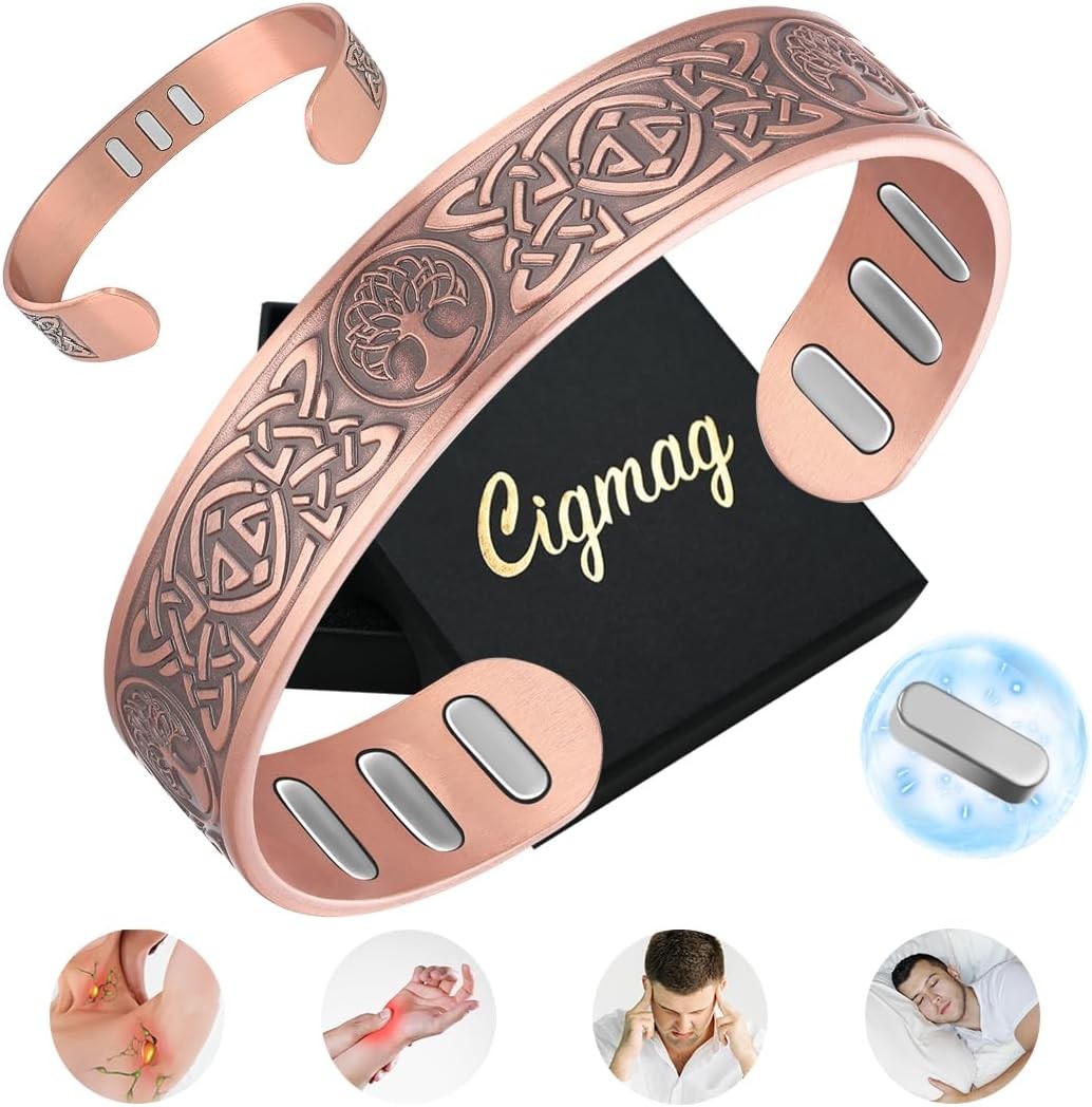 Copper Bracelet for Men, with Powerful 9X 5000 Gauss Magnets, Adjustable Solid P