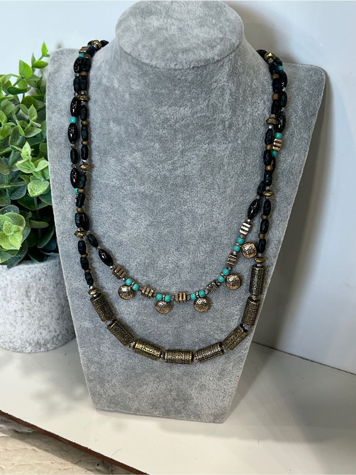 Long Delicate Black Beaded Layered Necklace with Turquoise Accents