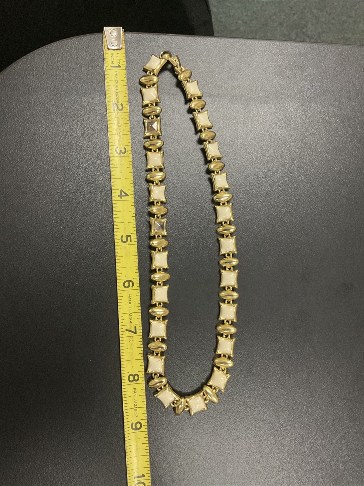 Gold Tone White Cream Enamel Panther Link Necklace Earrings