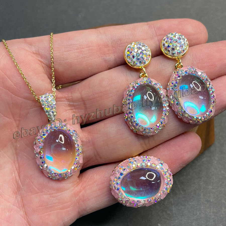 Synthetic Colorful Moonstone Gem Beads Inlay Earrings +Ring+Pendant Necklace Set