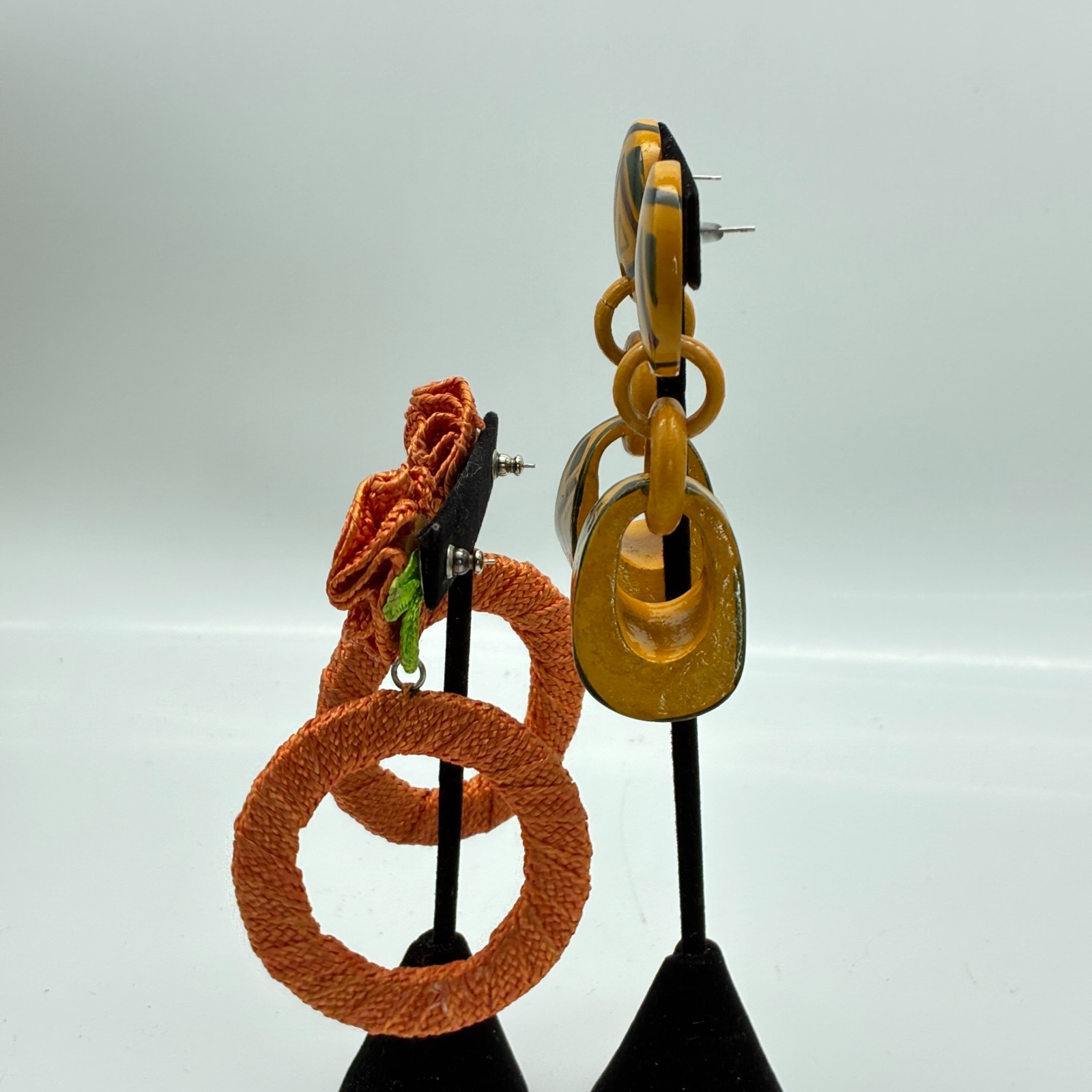 Boho Statement Dangle Earrings Lot of 2 Orange Rope Hoop and Painted Wood