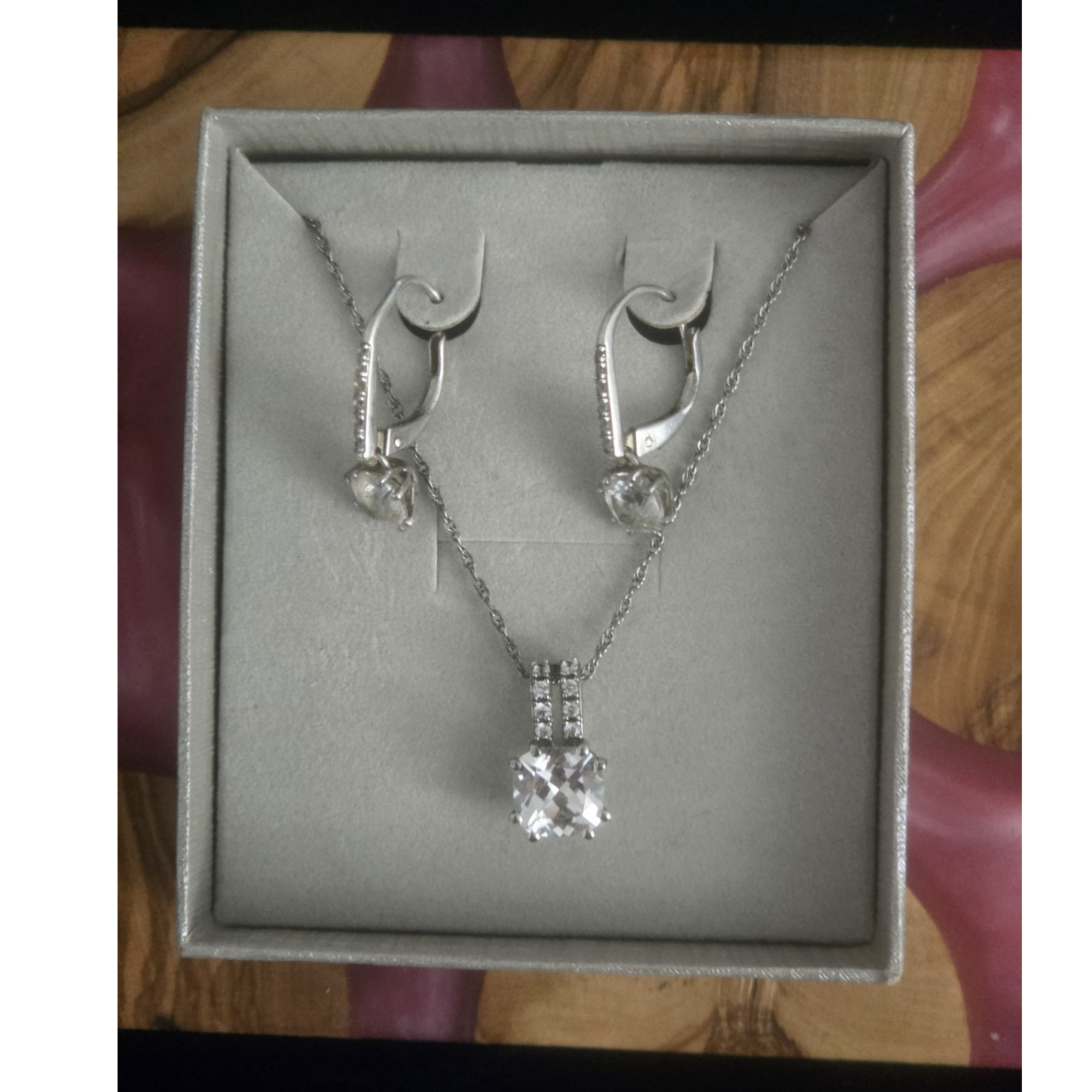 Zales 10K White Gold White Sapphire Necklace & Earrings Set