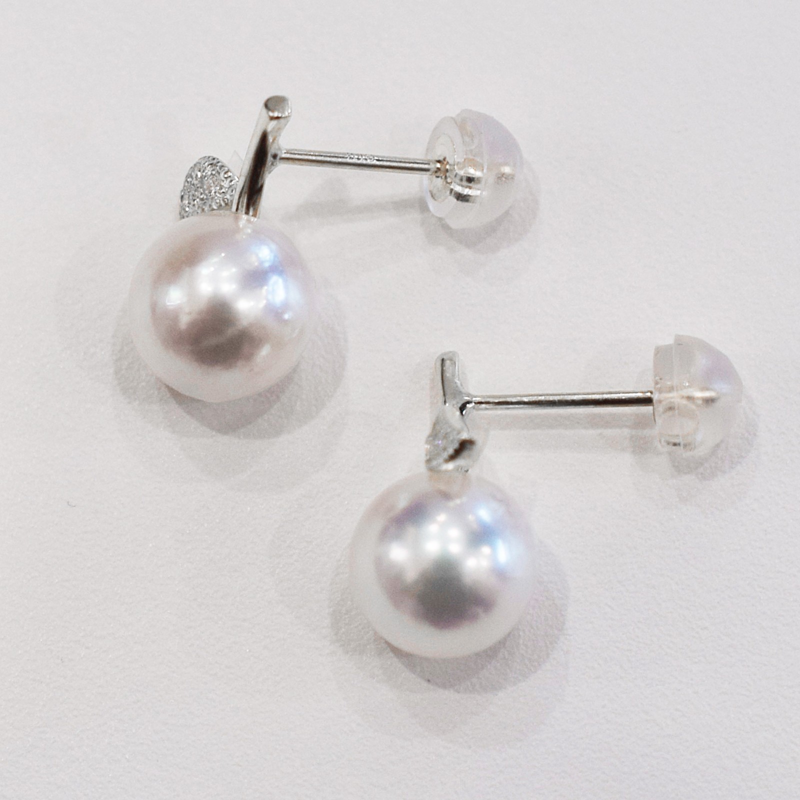 Hanadama rank Akoya pearl White pink 7.5mm – 8.5mm Earring Diamond 0.02ct Japan