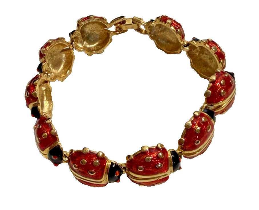 Red Ladybug Enamel Charm BRACELET Gold Tone Dangle Box Closure 7 Inch Insect
