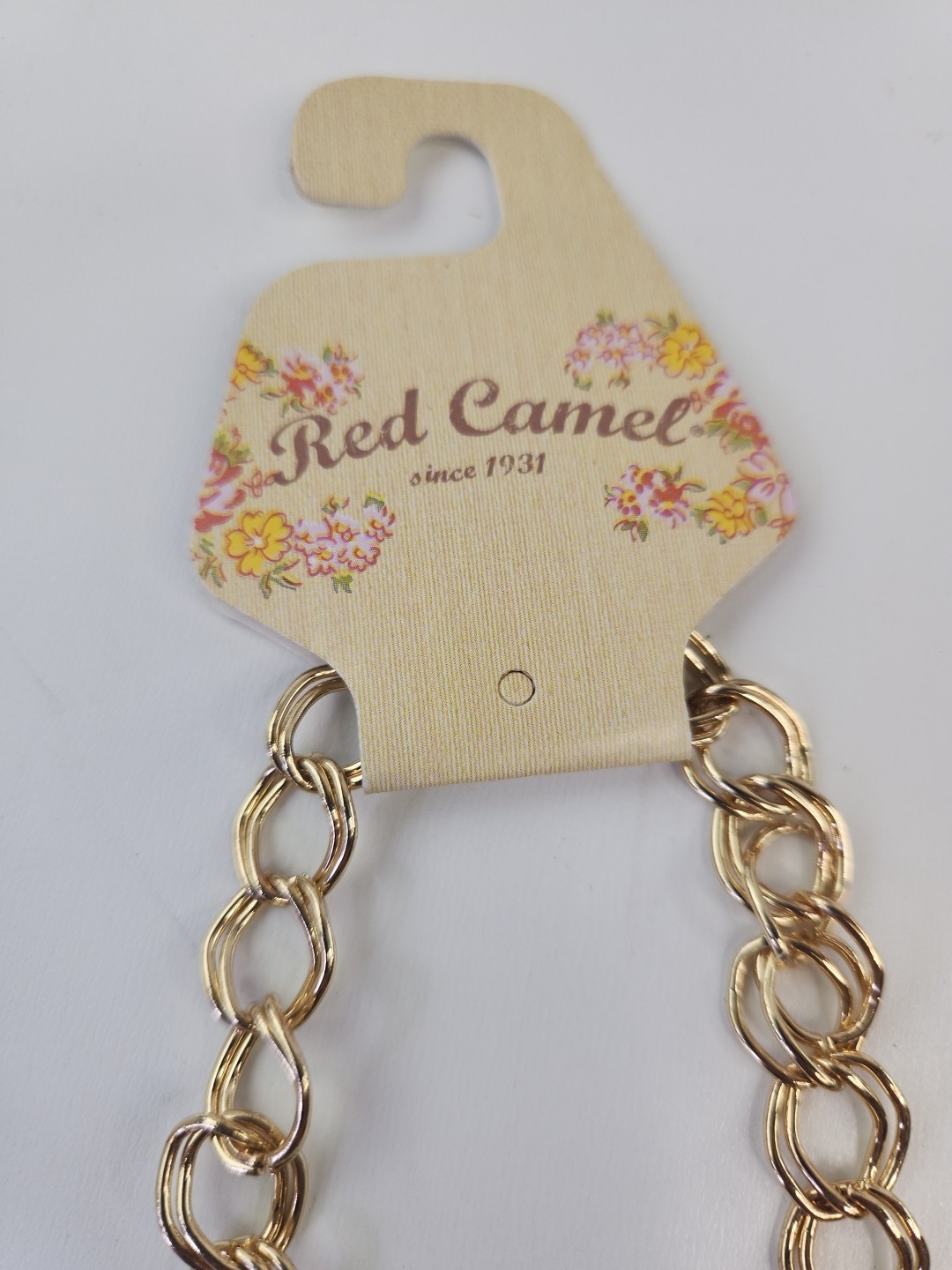 Red Camel Gold tone Link Necklace with Large Rhinestone Puffy Heart Pendant 17″.