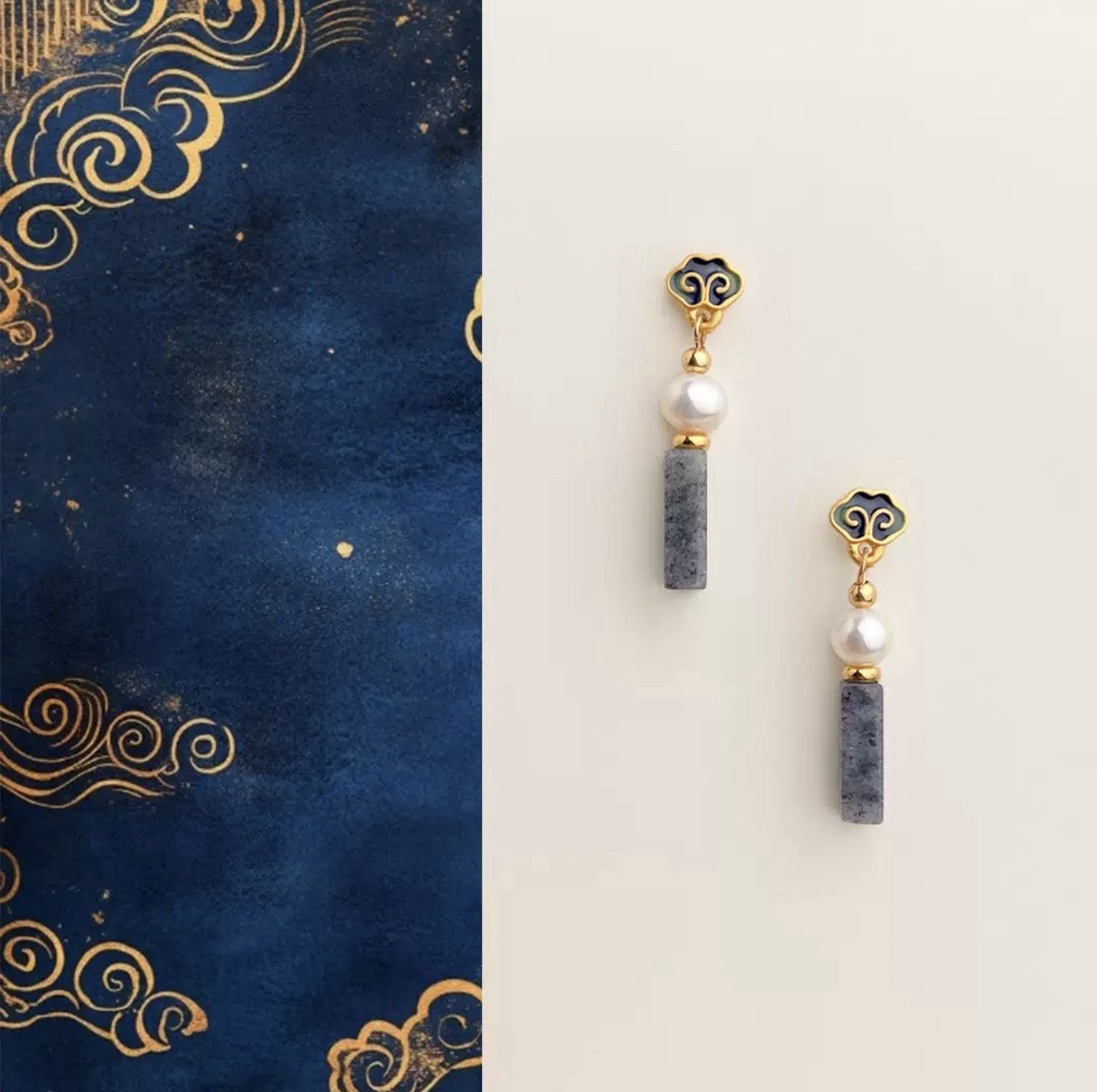 Handmade Natural Blue Stone Earrings,925 Silver Pin Freshwater Pearl Enamel