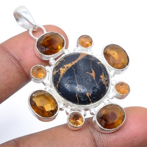 Copper Black Turquoise & Smoky Quartz 925 Sterling Silver Pendant 2.15″ T21