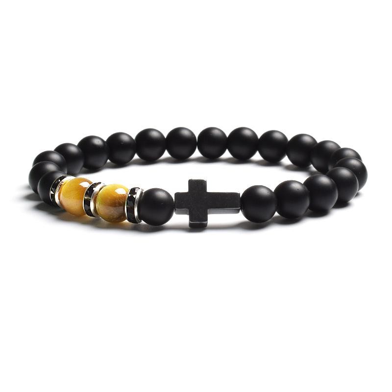 Tiger Eye & Black Agate Beaded Bracelet Men Women Elastic Cross Faith Jewelry