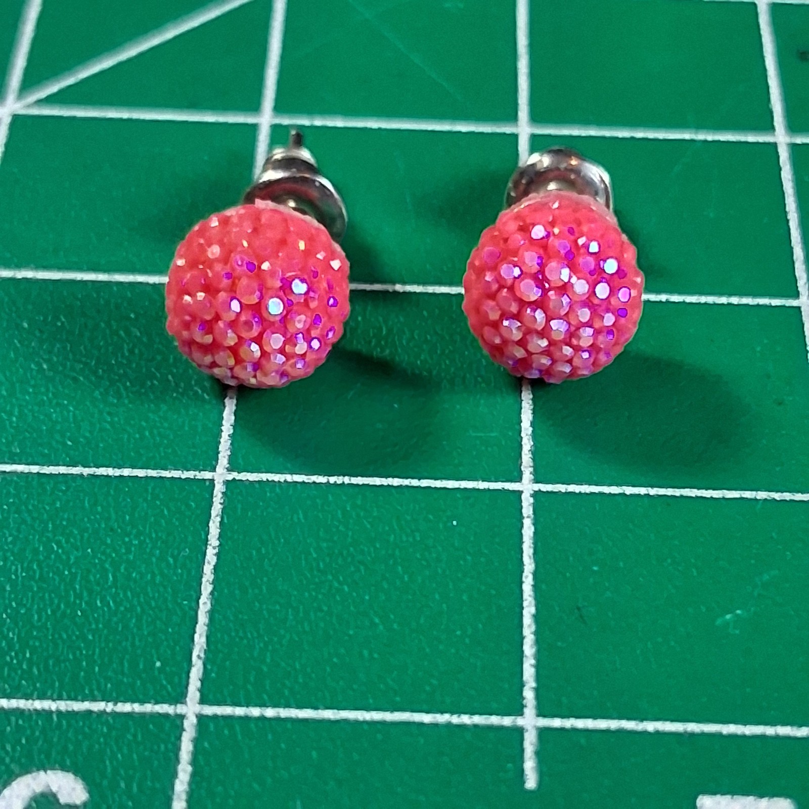 Small Round Globe Pink Iridescent AB Rhinestone Stud Earrings