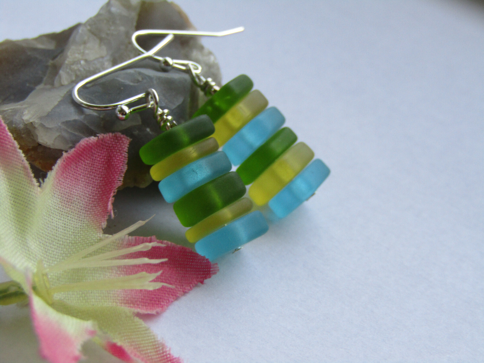 Stacked Green Blue Yellow SEA GLASS Earrings Silver, Artisan Handcrafted