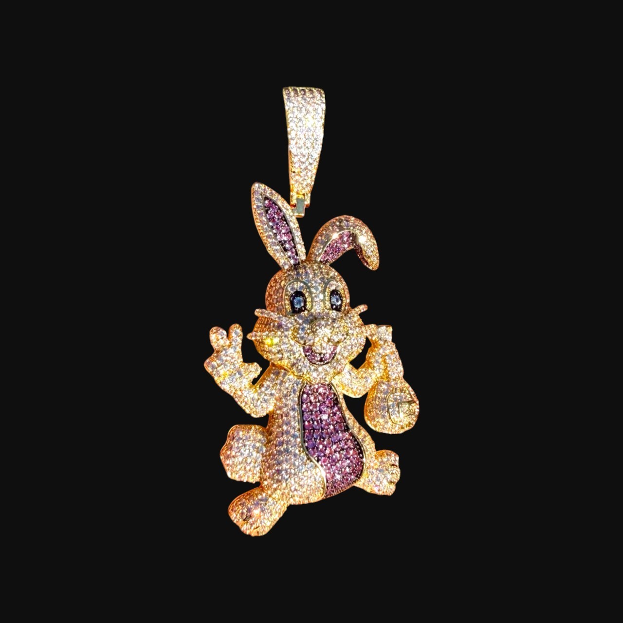 Iced Out Easter Bunny Pendant Purple CZ Gold Hip Hop Rabbit w/ Rope Chain