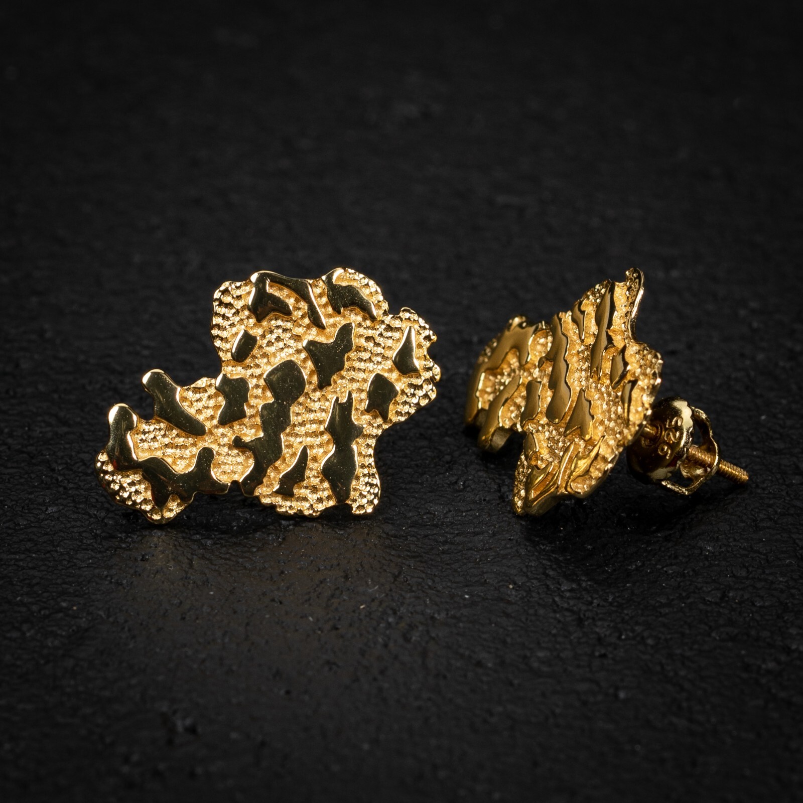 Men’s Hip Hop Large 14K Gold Plated 925 Sterling Screw Back Nugget Stud Earrings