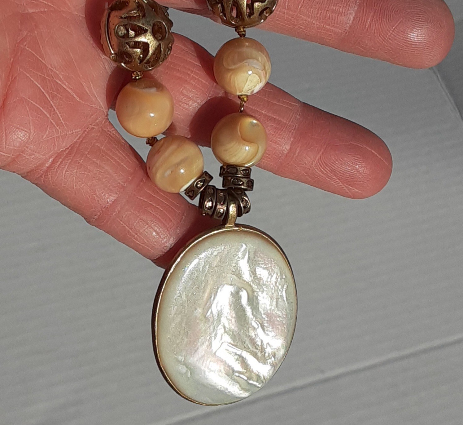 Shell Necklace Boho Jewelry Pendant Filigree Beads Multi Chain Victorian Style