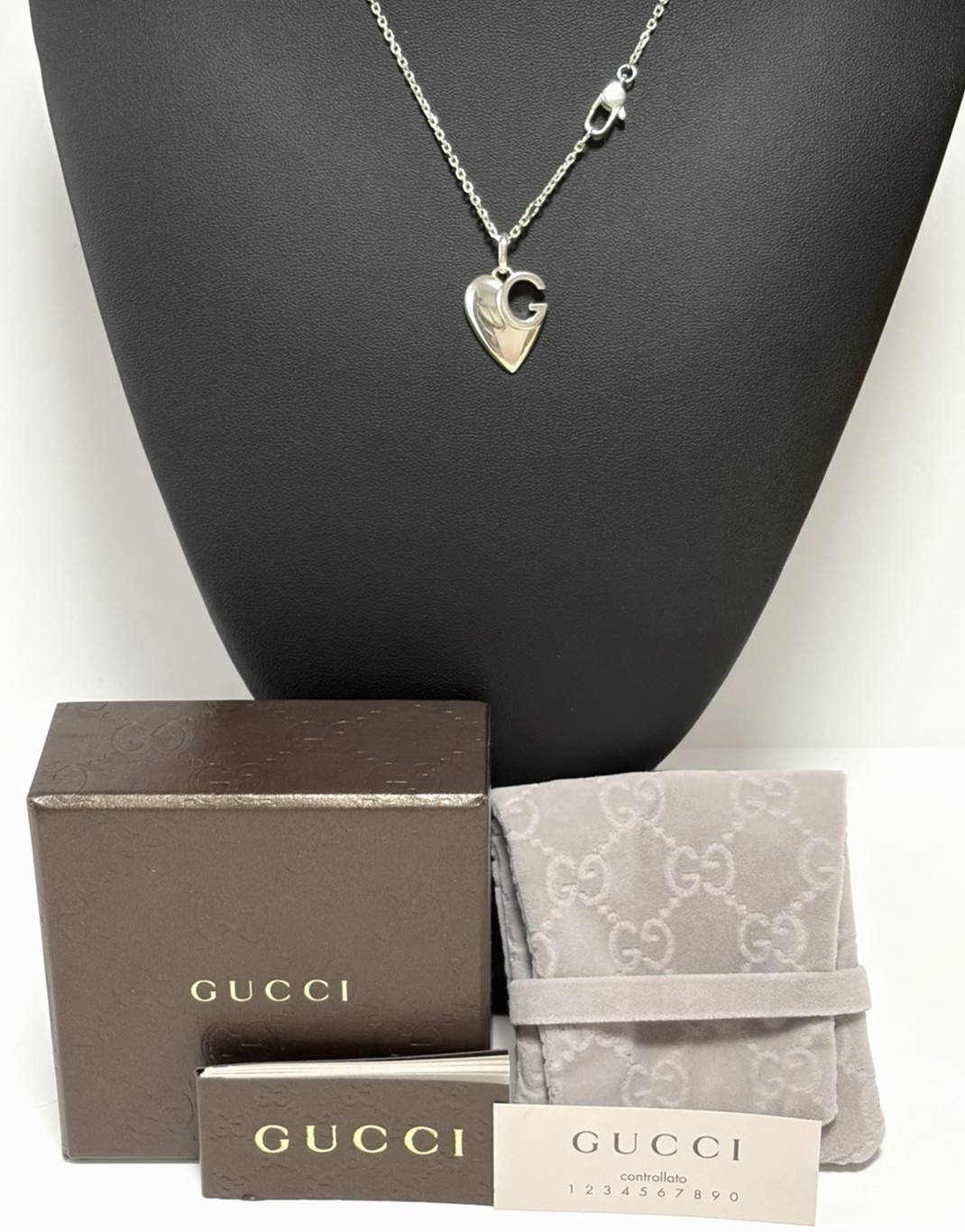 Gucci Sterling Silver Heart G-Logo Necklace Box and Accessories Included