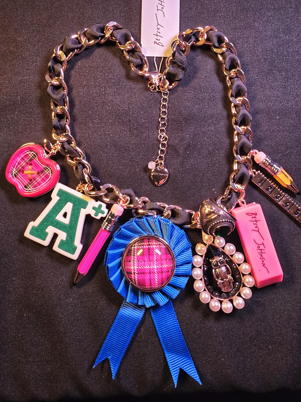 Betsey Johnson necklace Charm School blue ribbon A+ pencils apple owl goldtone