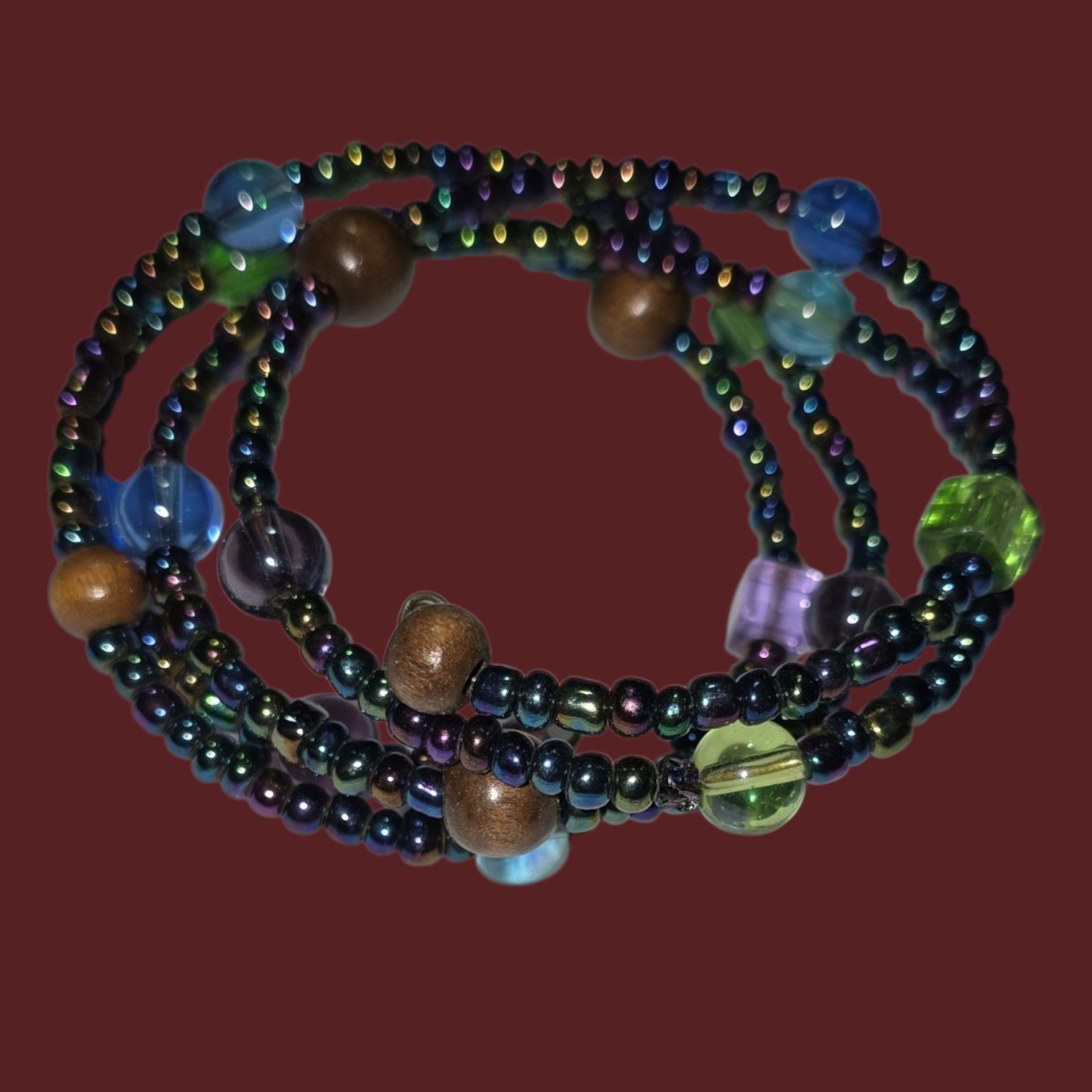 2 Memory Wire Green & Multi Color Peacock Beads Layered Bracelet Fits All Wrists