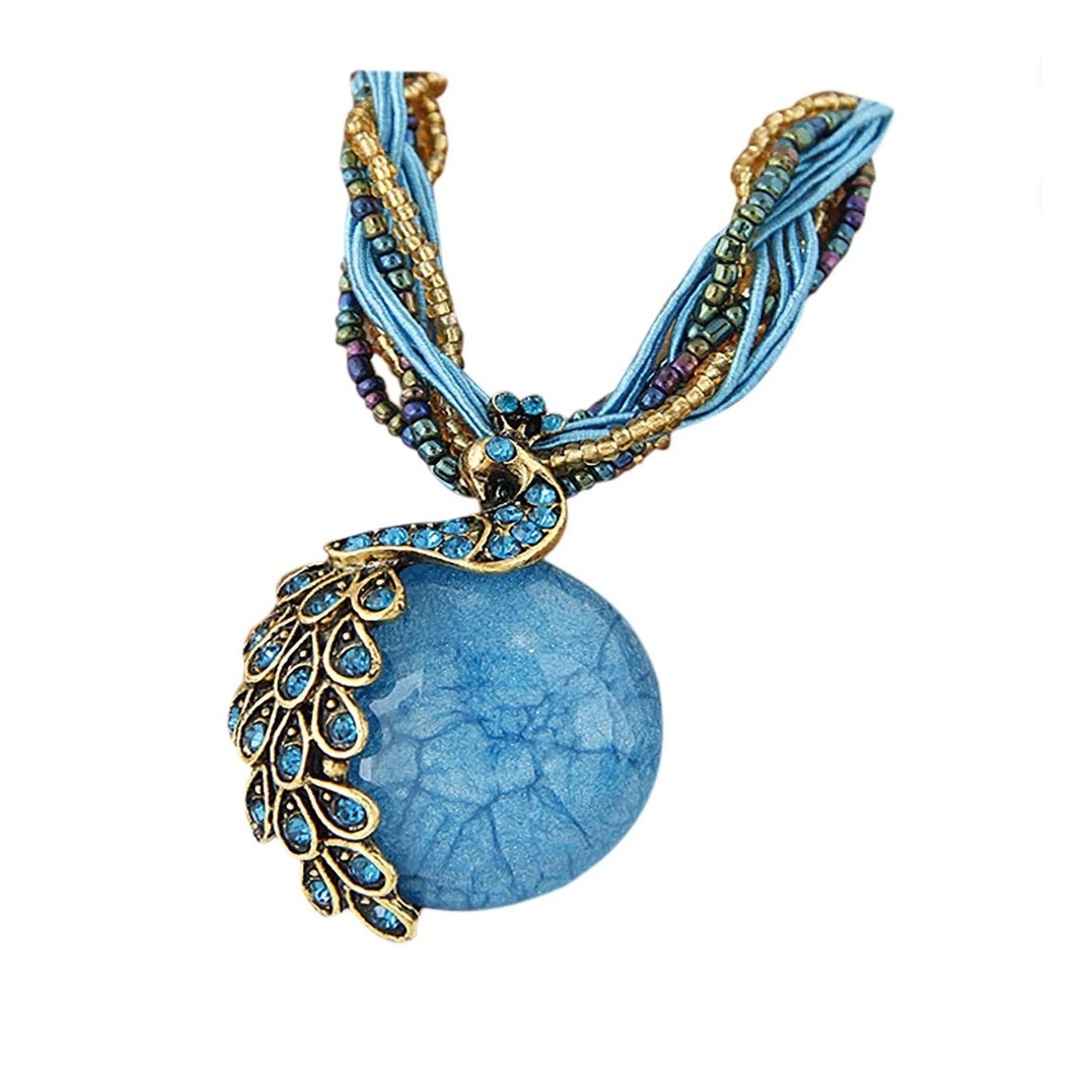 Bohemian Peacock Statement Necklace Blue Turquoise Gold Rhinestone Multi Strand