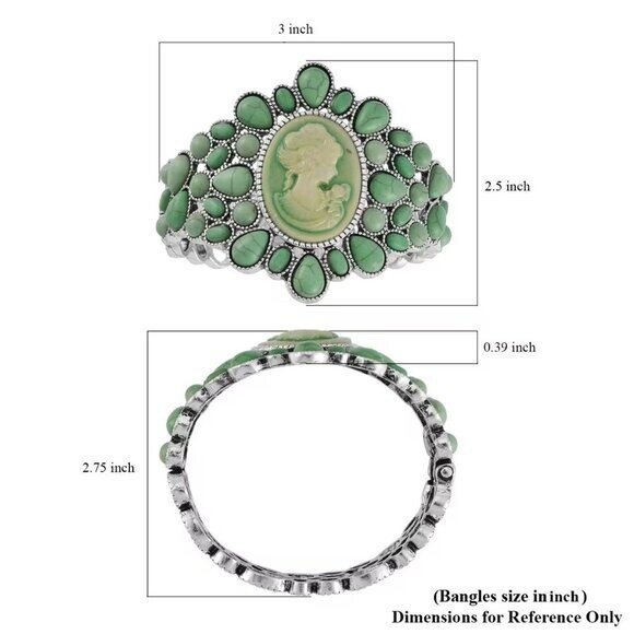 Cameo and Green Howlite Bangle Bracelet in Silvertone (7.0 In) 26.00 ctw