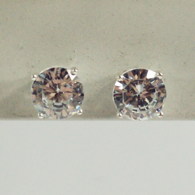 sterling silver white/colorless clear CZ post stud earrings 6.5 mm 1.37 g 925