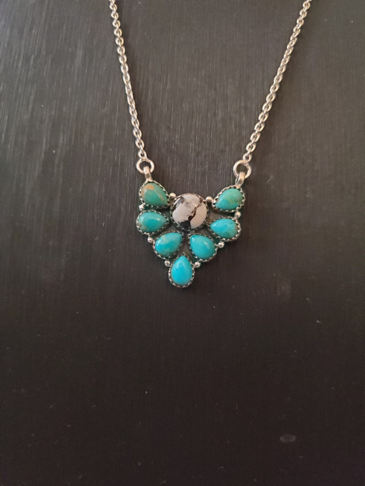 925 Sterling Silver With Turquoise & White Buffalo Charm Pendant 18 – 20″