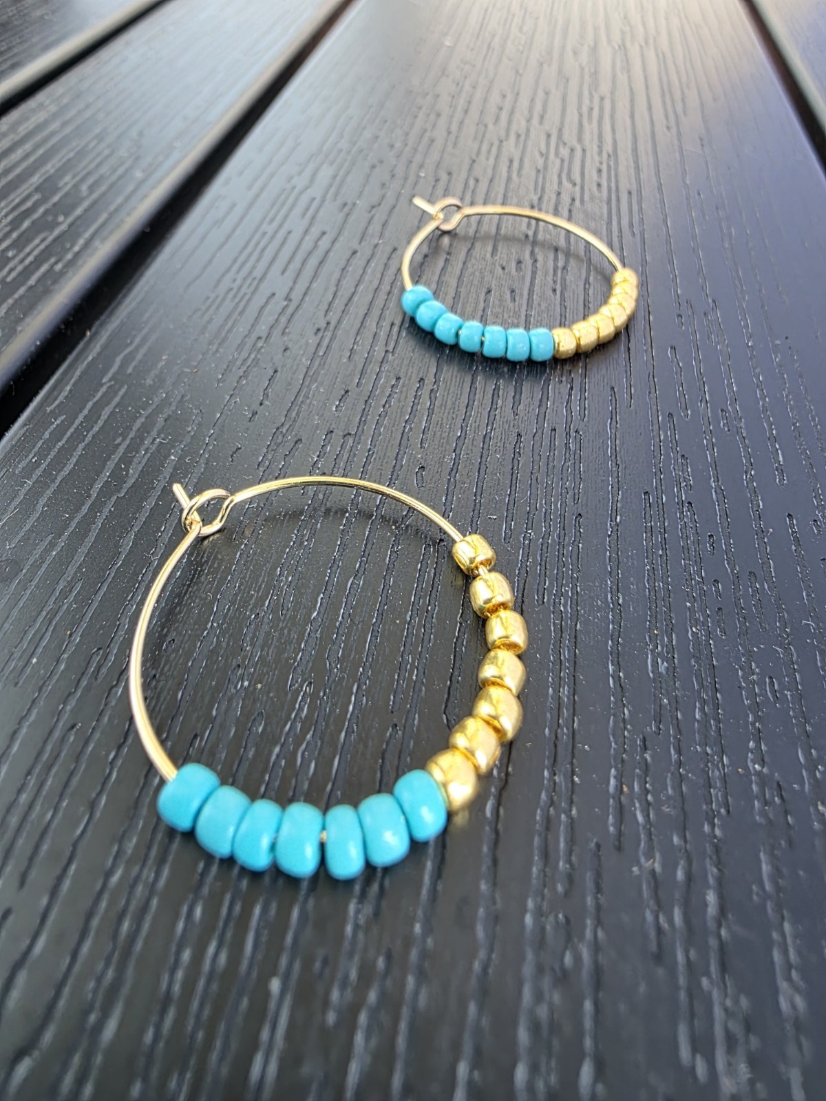 GIGI HANDMADE GOLD PLATED HOOPS TURQUOISE MIYUKI BEADS. BRAND NEW