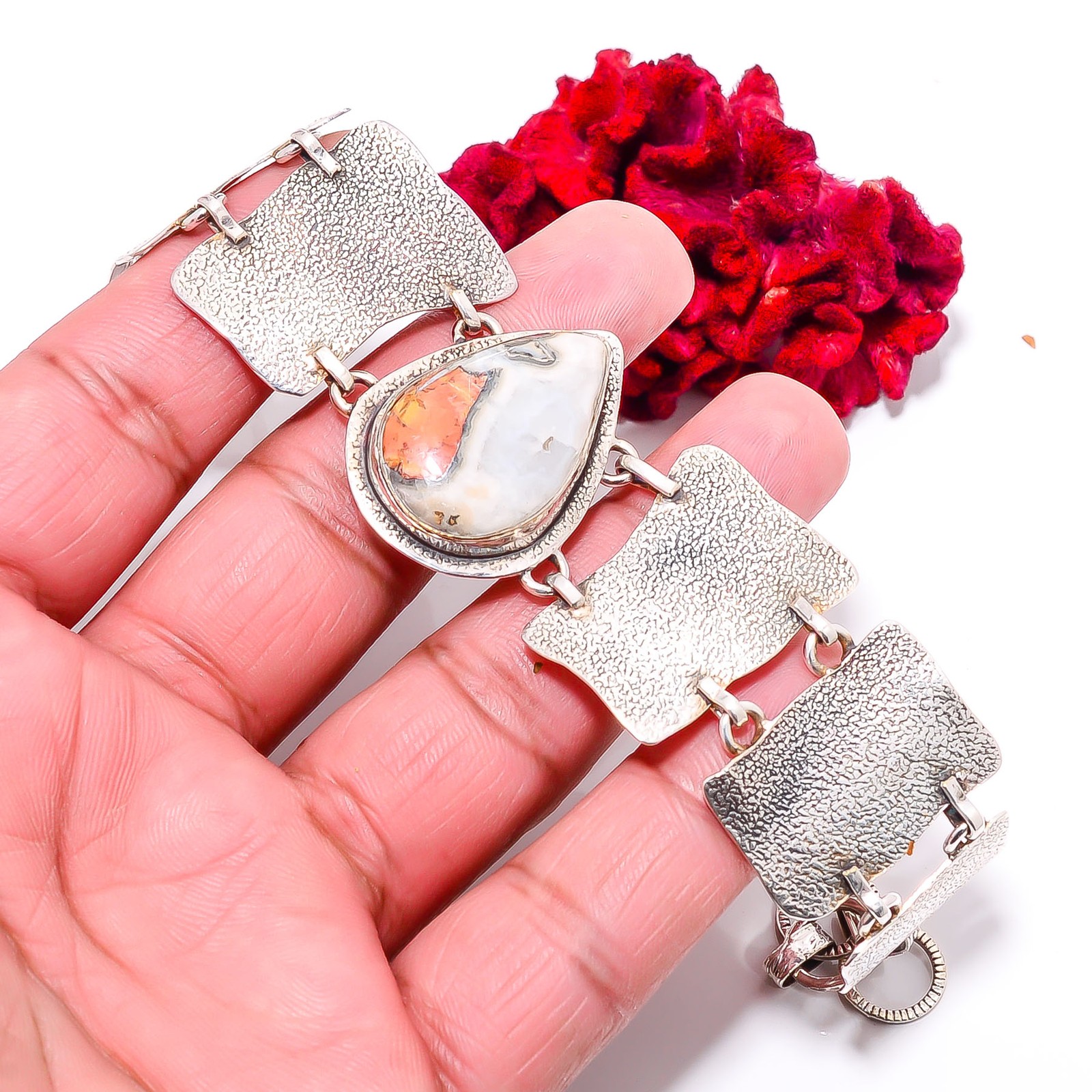 Malingano Jasper – Indonesia 925 Sterling Textured Silver Bracelet 8.99″ B84326