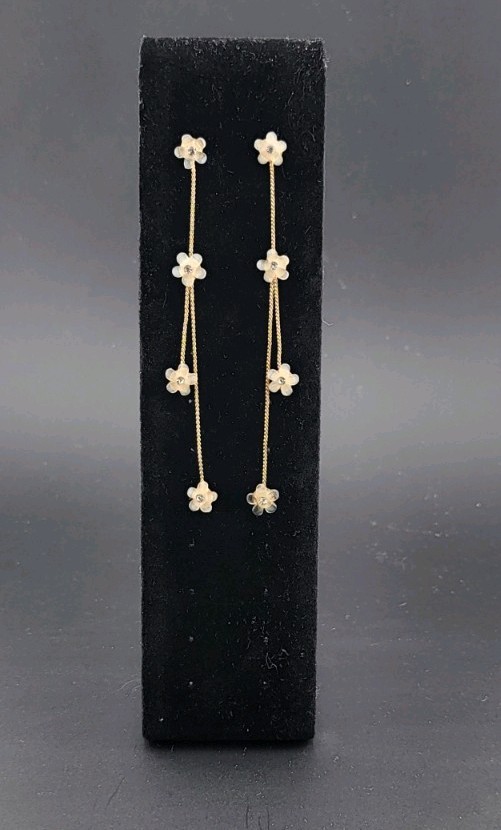 Gold Tone Flower Dangle Drop Earrings Metal 3.5in Long Floral Design