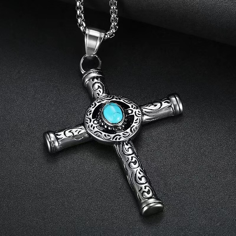 Silver Turquoise Celtic Cross Pendant Necklace Men’s Jewelry Chain 24″ Gift