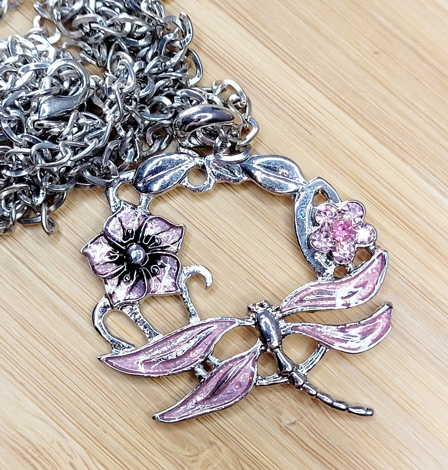 PINK DRAGONFLY & Flowers Pendant Vintage NECKLACE with Gift Bag BRAND NEW