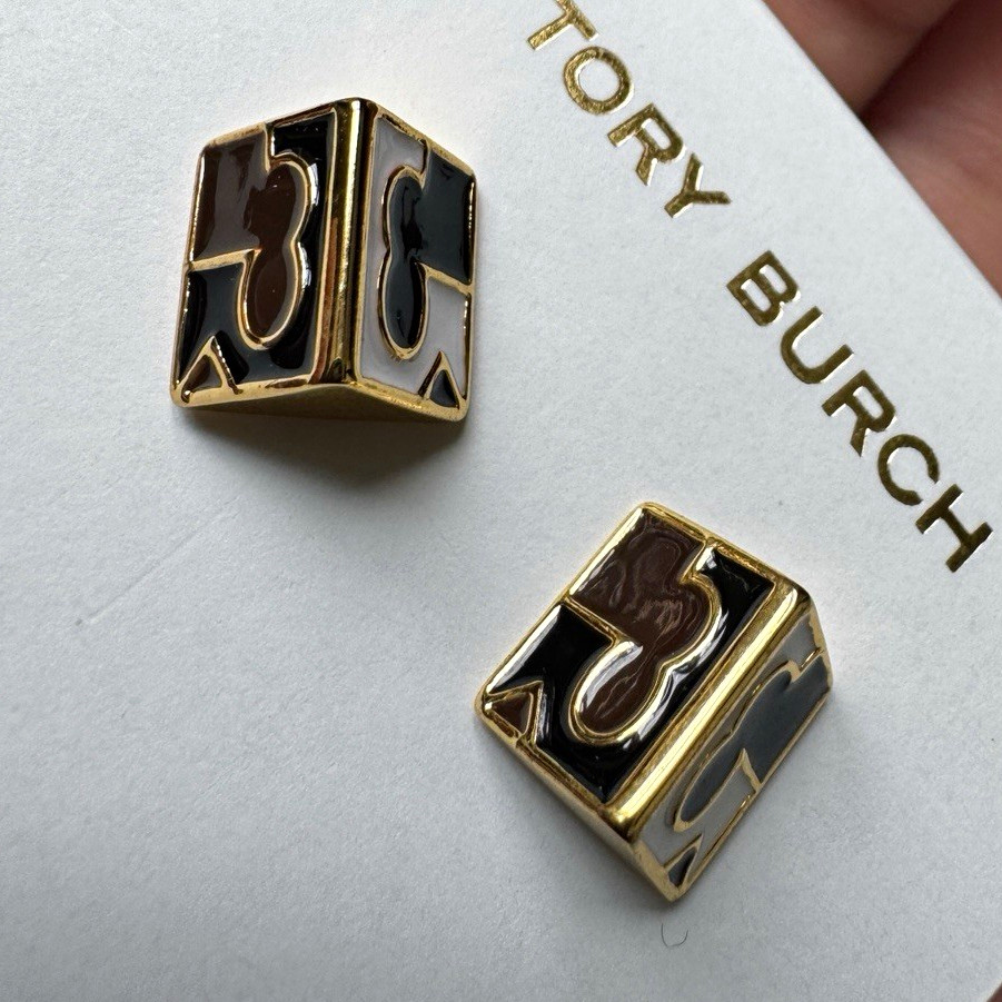 Tory Burch Stud Earrings Gold Tone Metal Logo Black/White/Brown Enamel