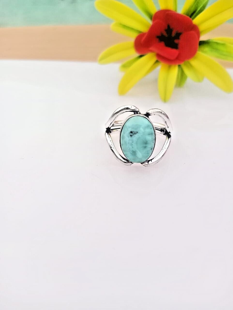Blue Larimar Pectolite Gemstone Ring 925 Sterling Silver Handmade Jewelry