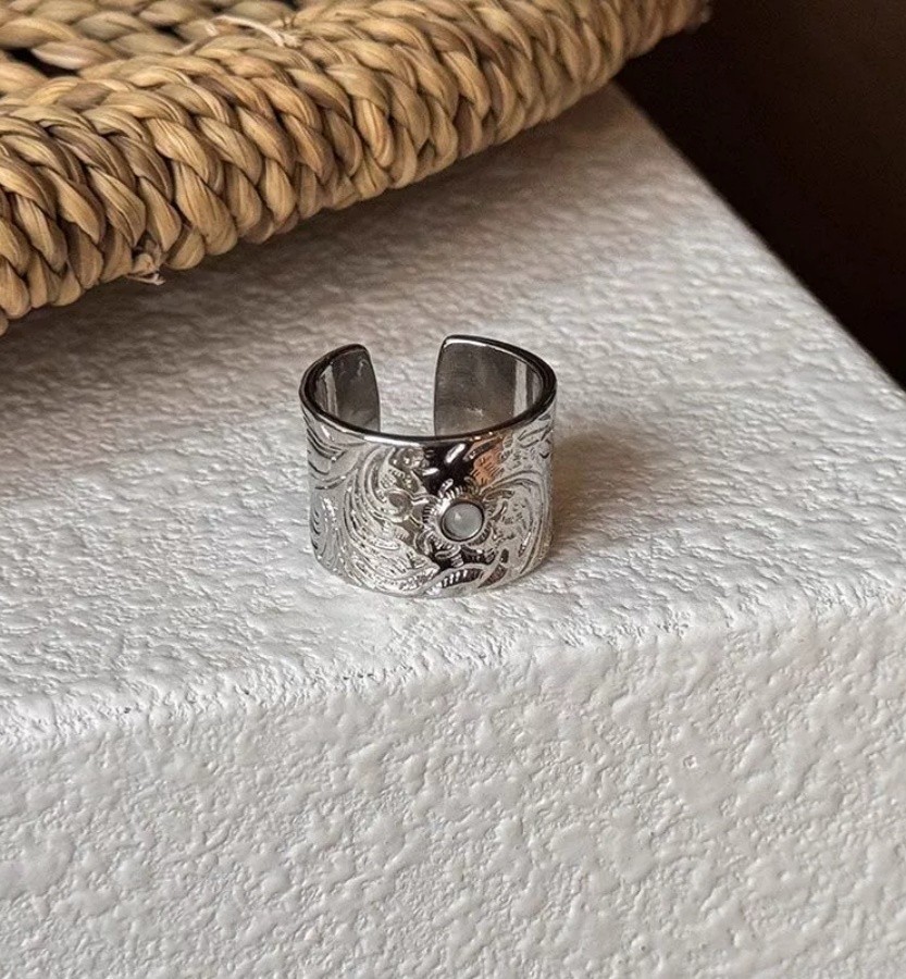 Silver Plated Engraved Floral Lab Opal Adjustable Open Cuff Wide Band Ring
