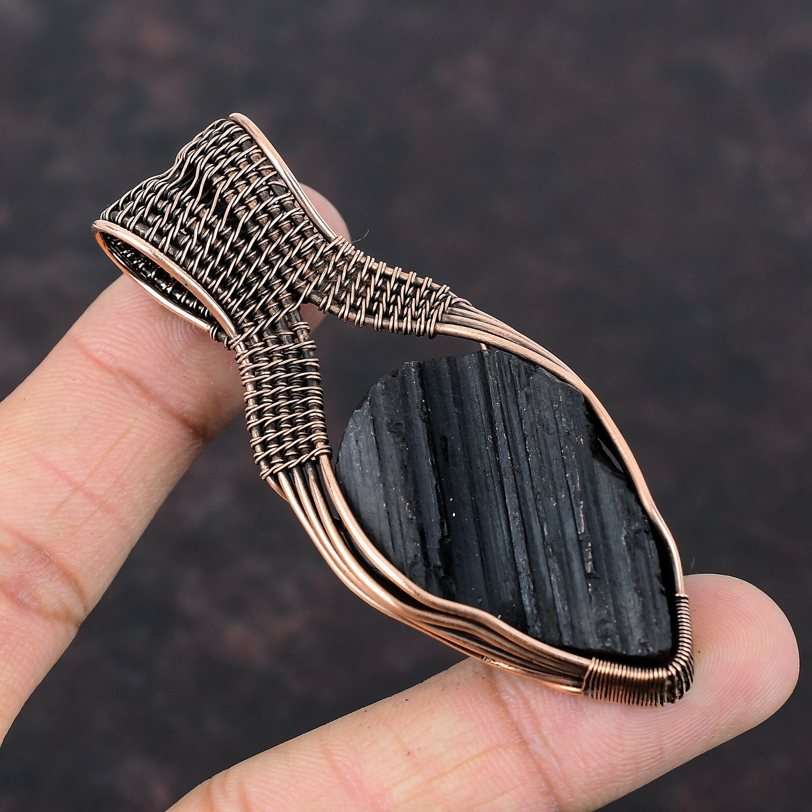 Black Tourmaline Rough Copper Mother Gift Wire Wrapped Pendant 3.03″