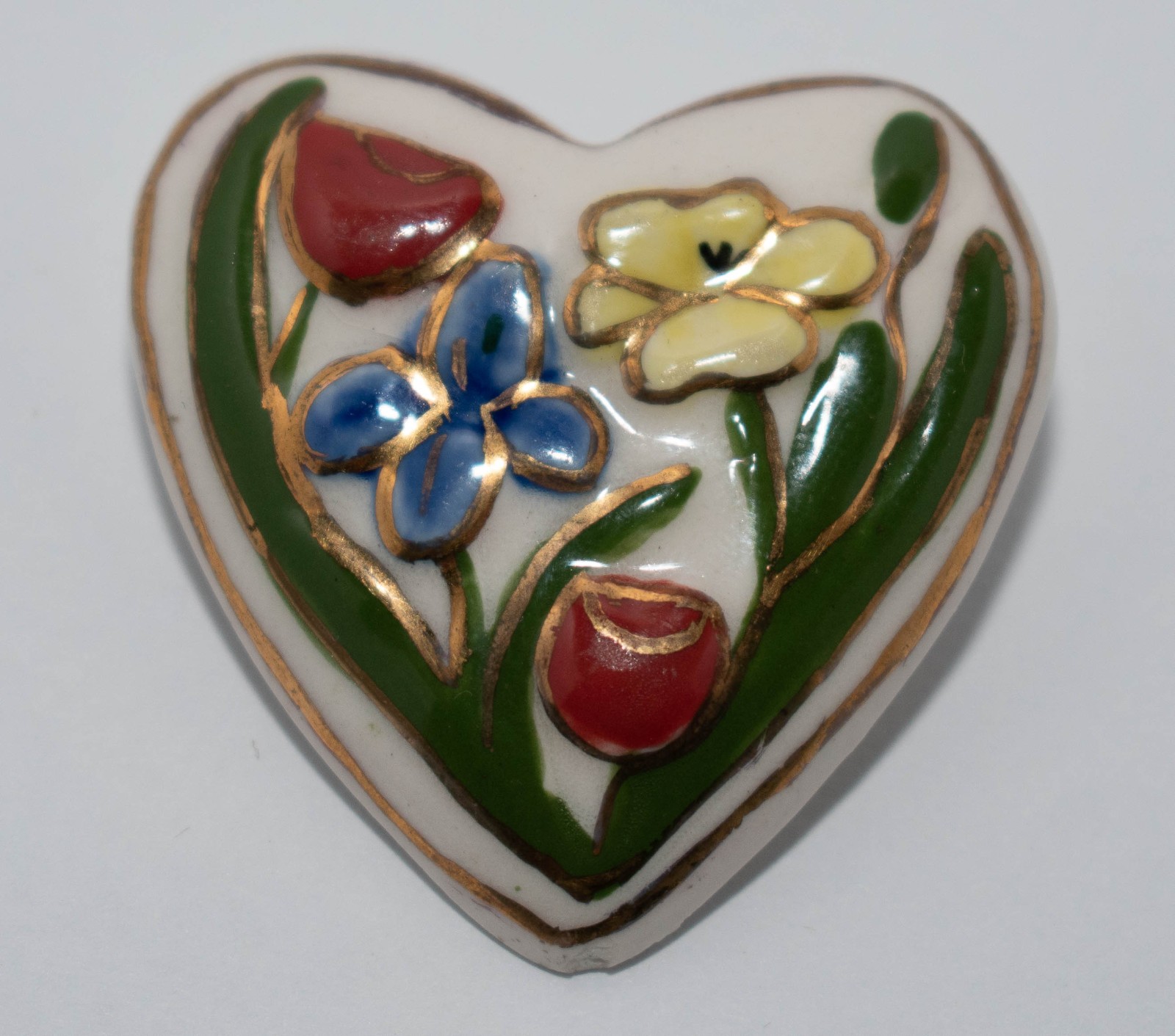 Ceramic Relief Floral Enamel & Gold Hand Painted Heart Pin 1.5” x 1.5”