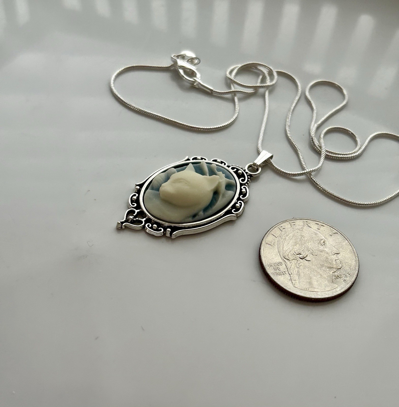 Cat Cameo Necklace Vtg Victorian Style Pendant Cream/Blue, Sterling Silver Chain