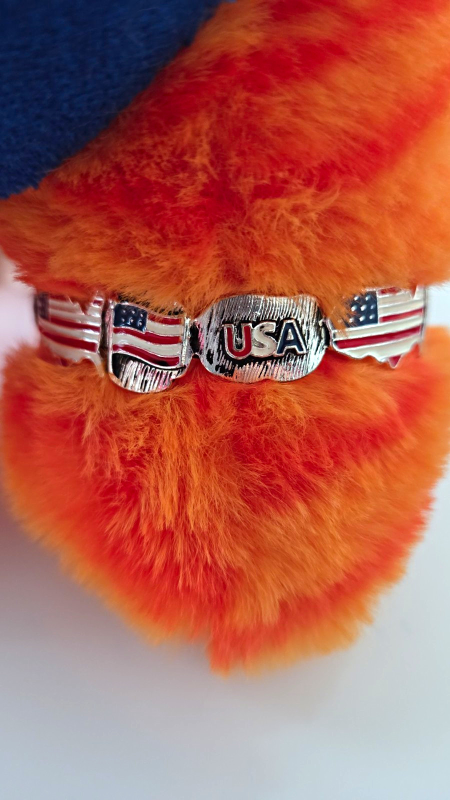 USA Flag Charm Stretch Link Bracelet Silver Tone Red White Blue Patriotic