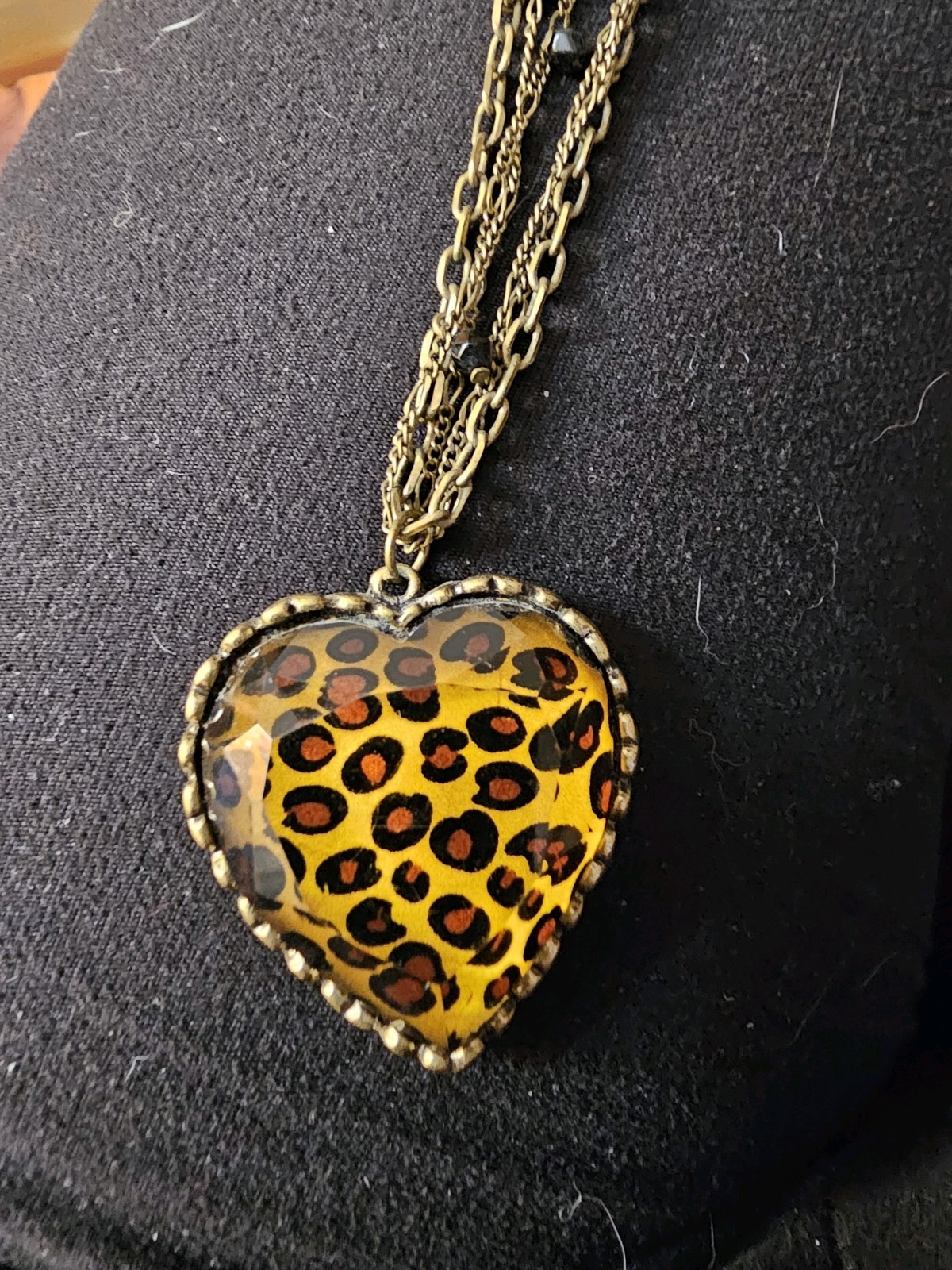 Betsey Johnson Multi Chain Leopard Heart Pendant Necklace Black Beads 17 to 19