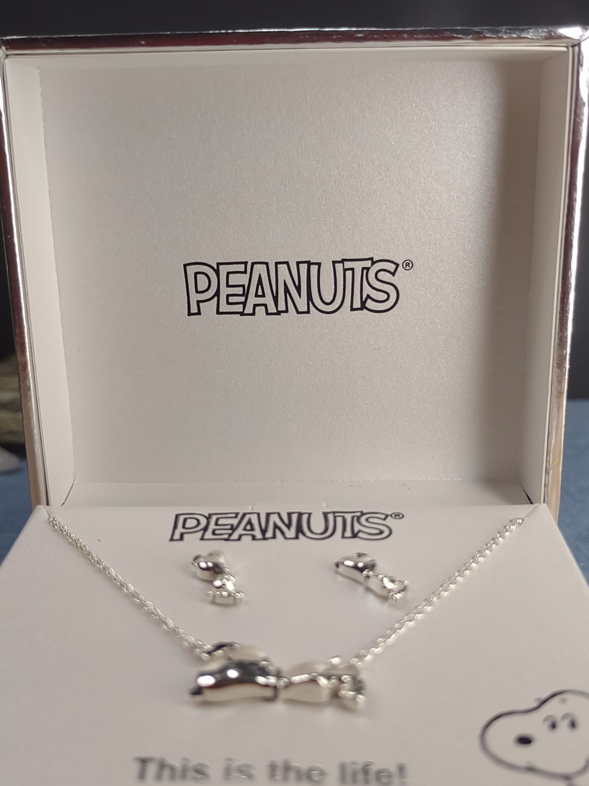 New Peanuts Snoopy Jewelry Set Necklace Earrings Silver Plated NIB This Is Life
