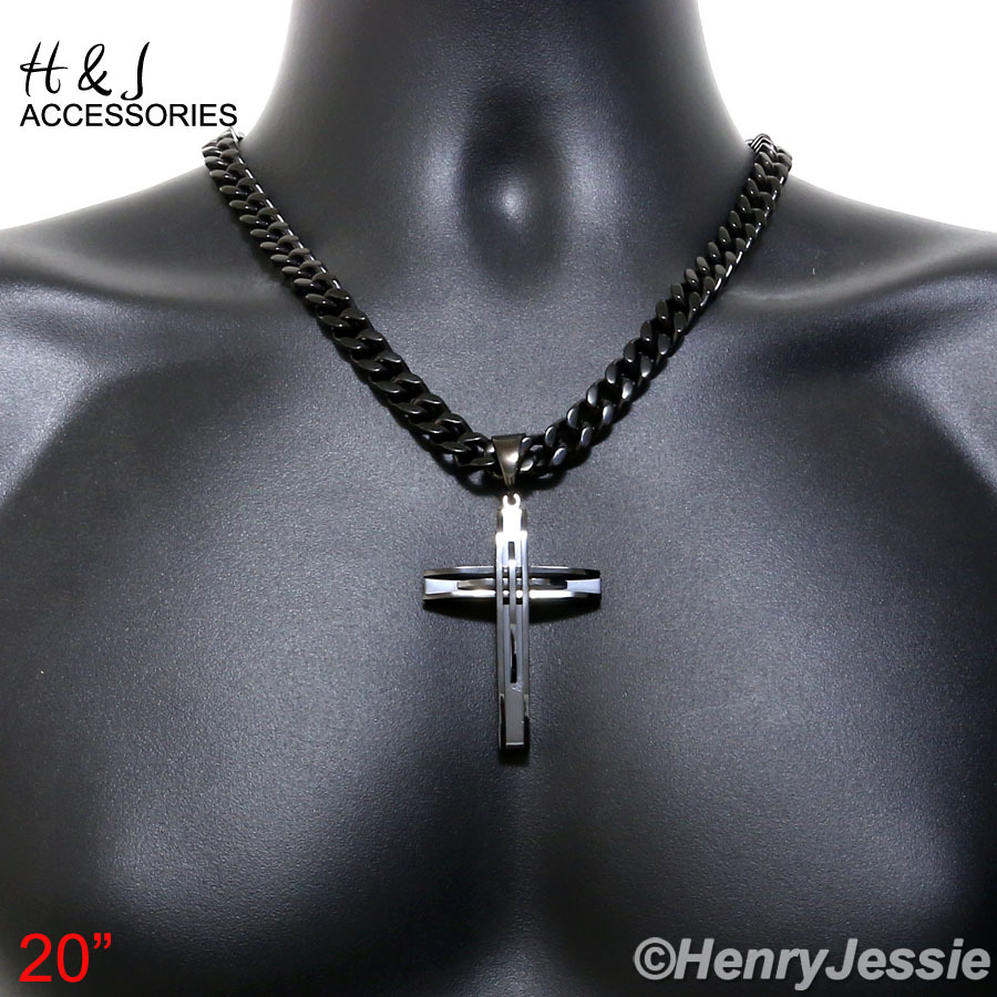 20″MEN Stainless Steel 9mm Black Plated Cuban Curb Chain Plain Cross Pendant*A11