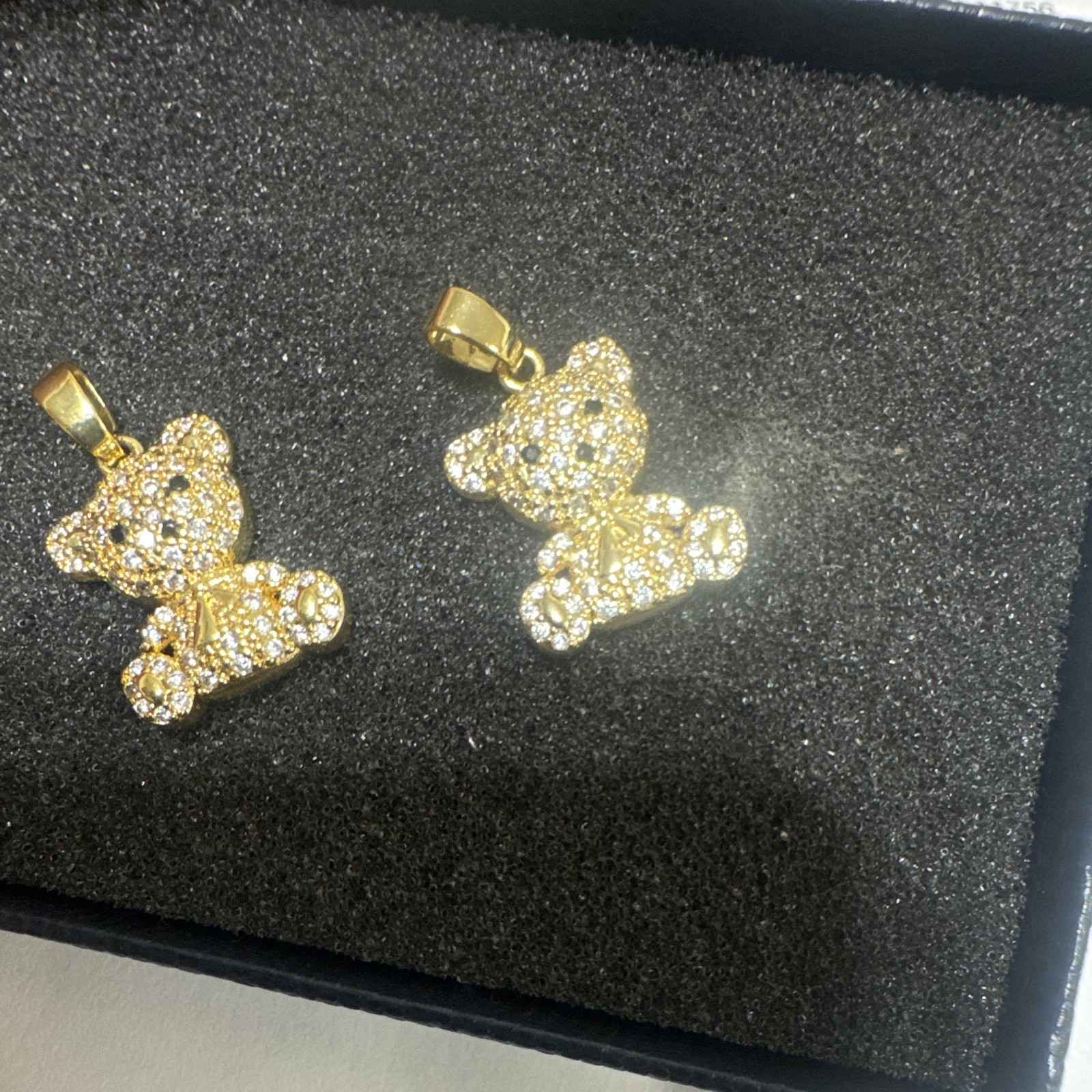 2x Gold Tone Teddy Bear Charm Pendants Pavé White Simulated Rhinestones