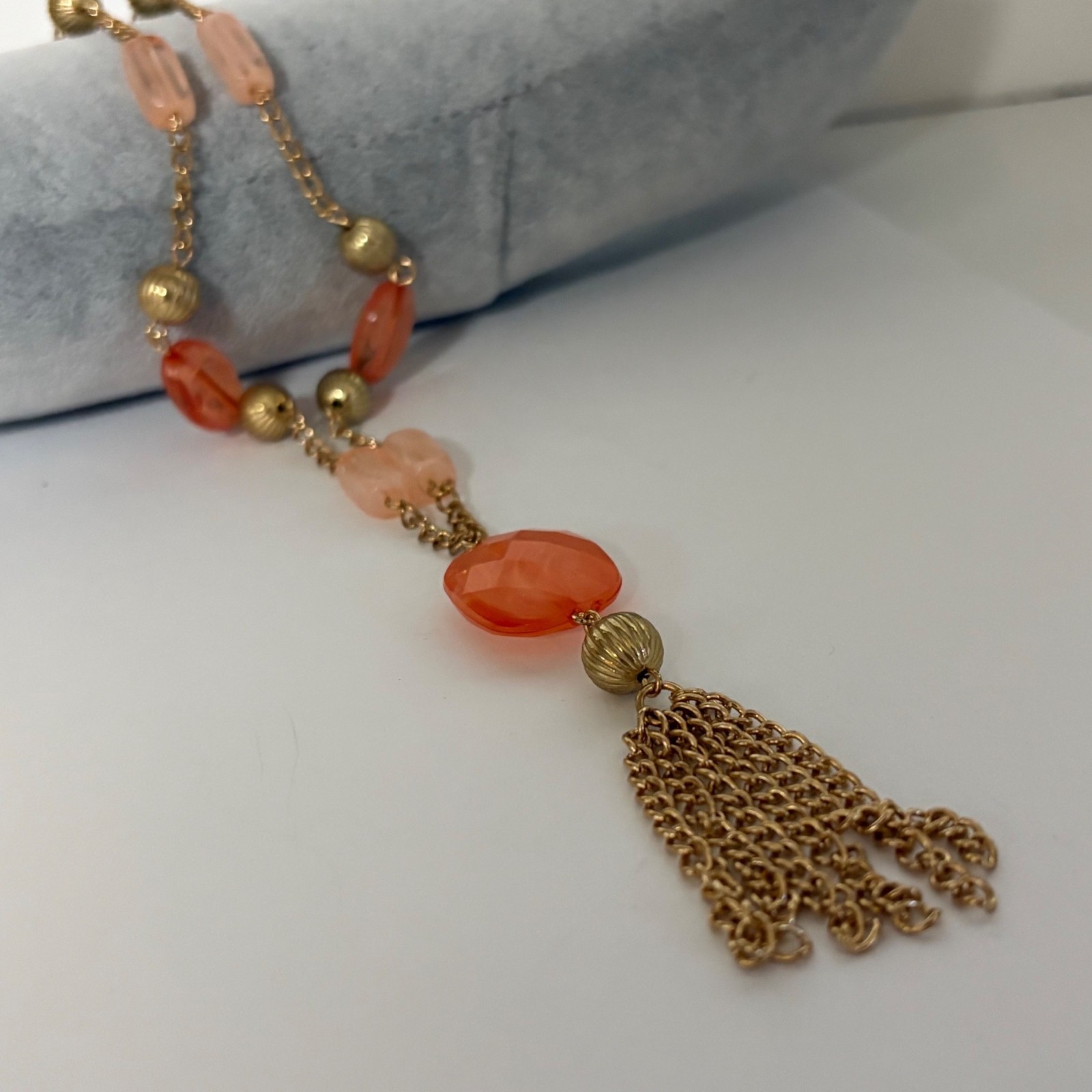 Gold Tone Chain Necklace Pink Orange Beads Faceted Centerpiece Tassel Pendant