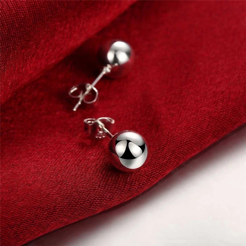 Cute 925 silver 10mm round smooth solid bead ball earrings for women