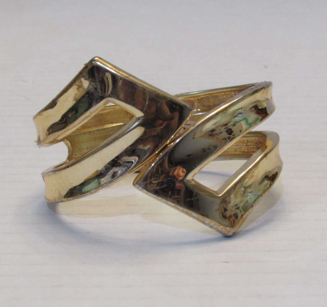 Gold Tone Geometric Hinged Cuff Bracelet Angular Sculptural Bypass Statement