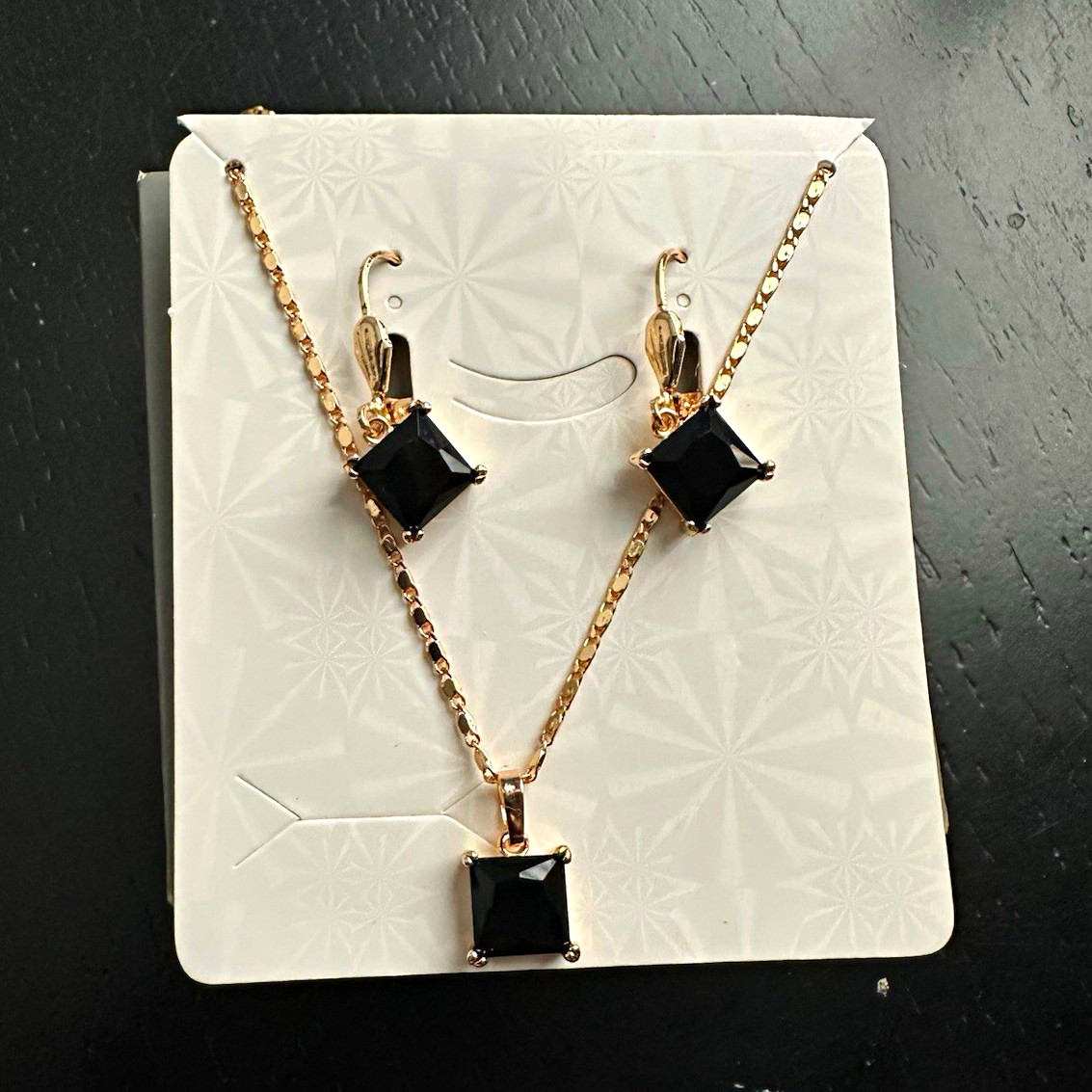 Gold Tone Square Black Stone Necklace Pendant & Drop Earrings Jewelry Set