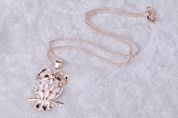 Jewelry Crystal Opal Owl Pendant Chain Gold Sweater Long Necklace Christmas Gift