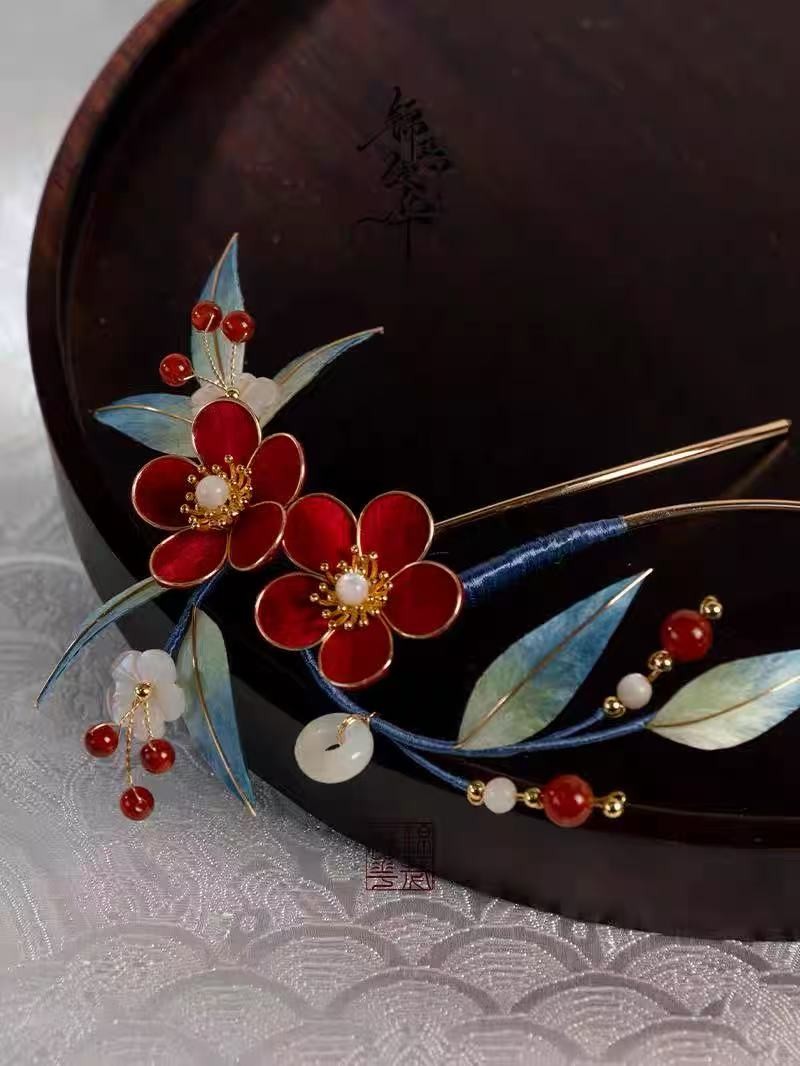 Intangible Cultural Heritage Handmade Silk Velvet Cloisonne Plum Blossom Hairpin