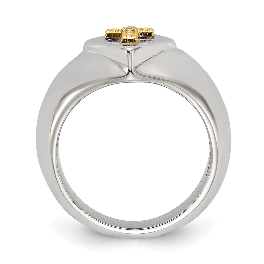 Stainless Steel with 14K Gold Accent & .01ct. Diamond Cross Signet Ring Size 11