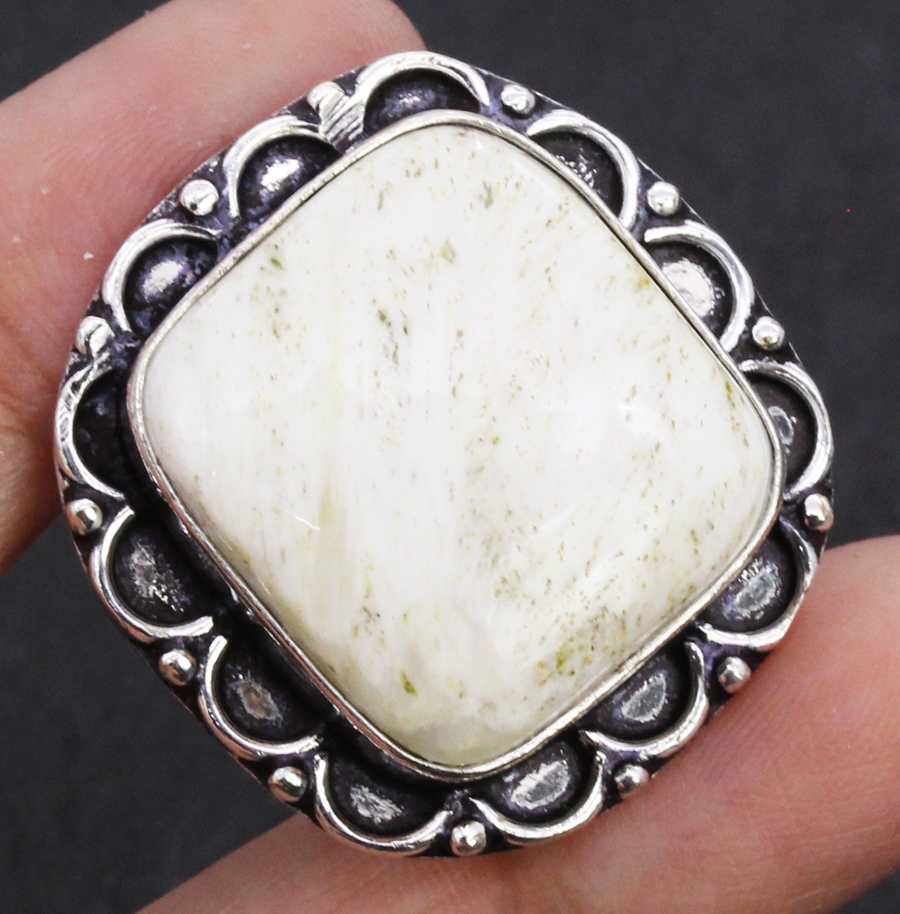 Color Enhanced Green Scolecite 925 Silver Plated Handmade Ring of US Size 8.25