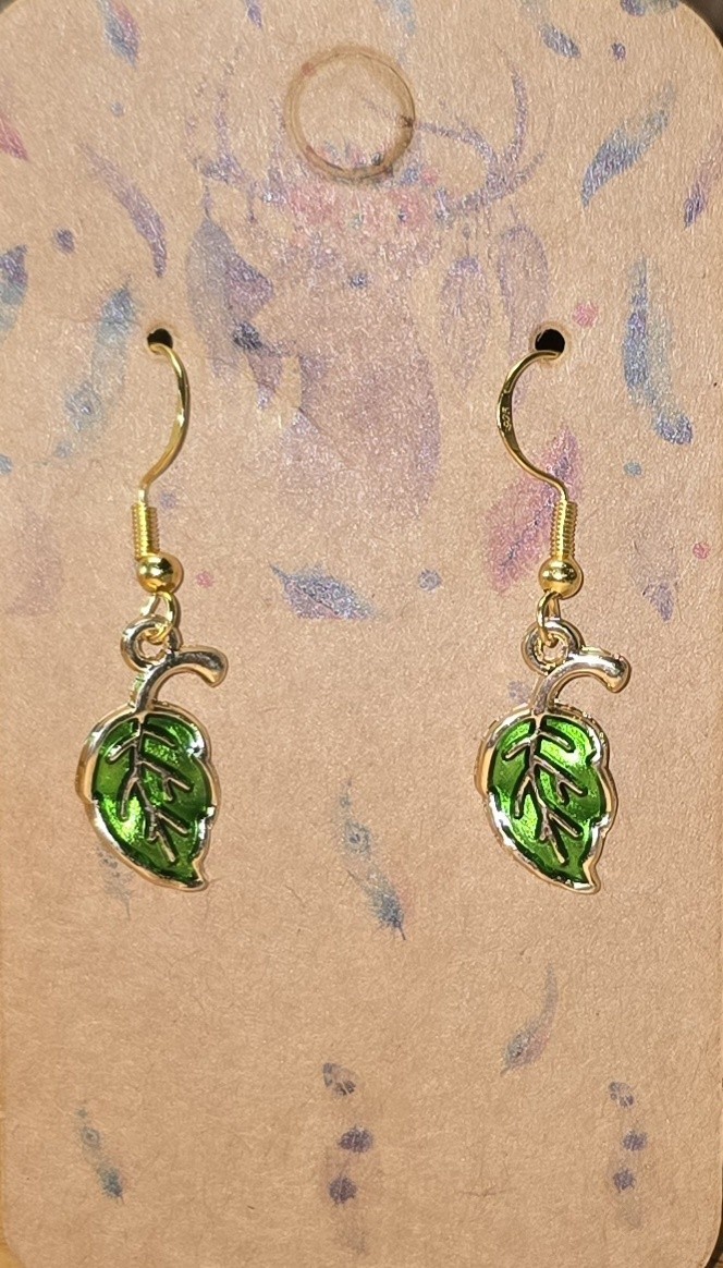 Dangle Elegant Green Gold Tone Leaf Earrings With .925 Sterling Silver Hooks